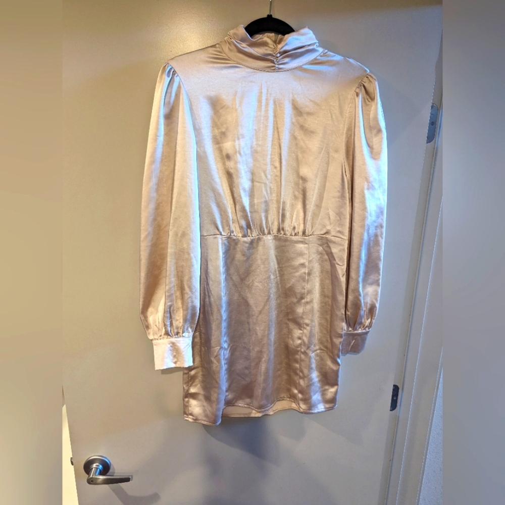 NWT Missguided Champagne satin high neck, long sleeve mini dress size 8